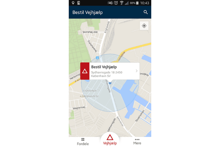 Falck Vejhjælp App mobile view of location on map